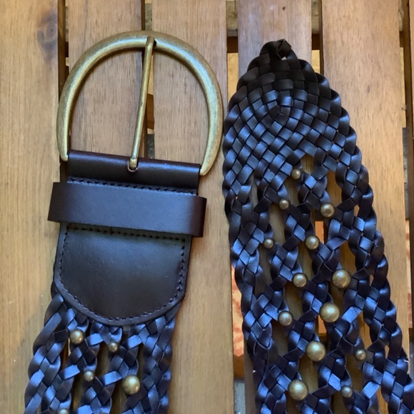 Another Line Inc Leather Wide Woven Braided Studded Belt Dark Brown SZ L - Picture 7 of 7